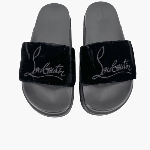 Christian Louboutin 'Navy Pool' Slide Sandals Size 37 US 7 Black Velvet Logo 26 - Picture 4 of 12